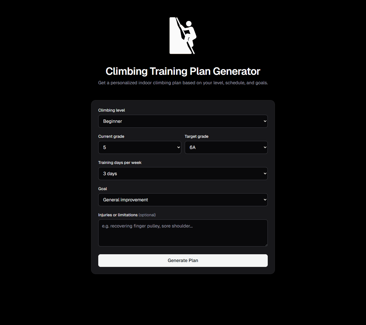 Climbing Training Plan Generator — form view